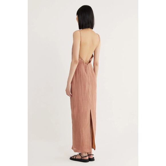 Rumer Mia Lace Dress Size Medium 100% Linen Open Back Maxi Dress in Maple - Picture 2 of 12